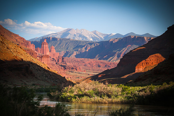 Fisher Towers, the La Sal Range, and the Colorado River